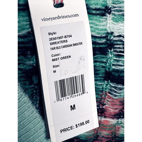 Vineyard Vines Mist Green Merino Wool Fair Isle Cardigan - M - Picture 6 of 7